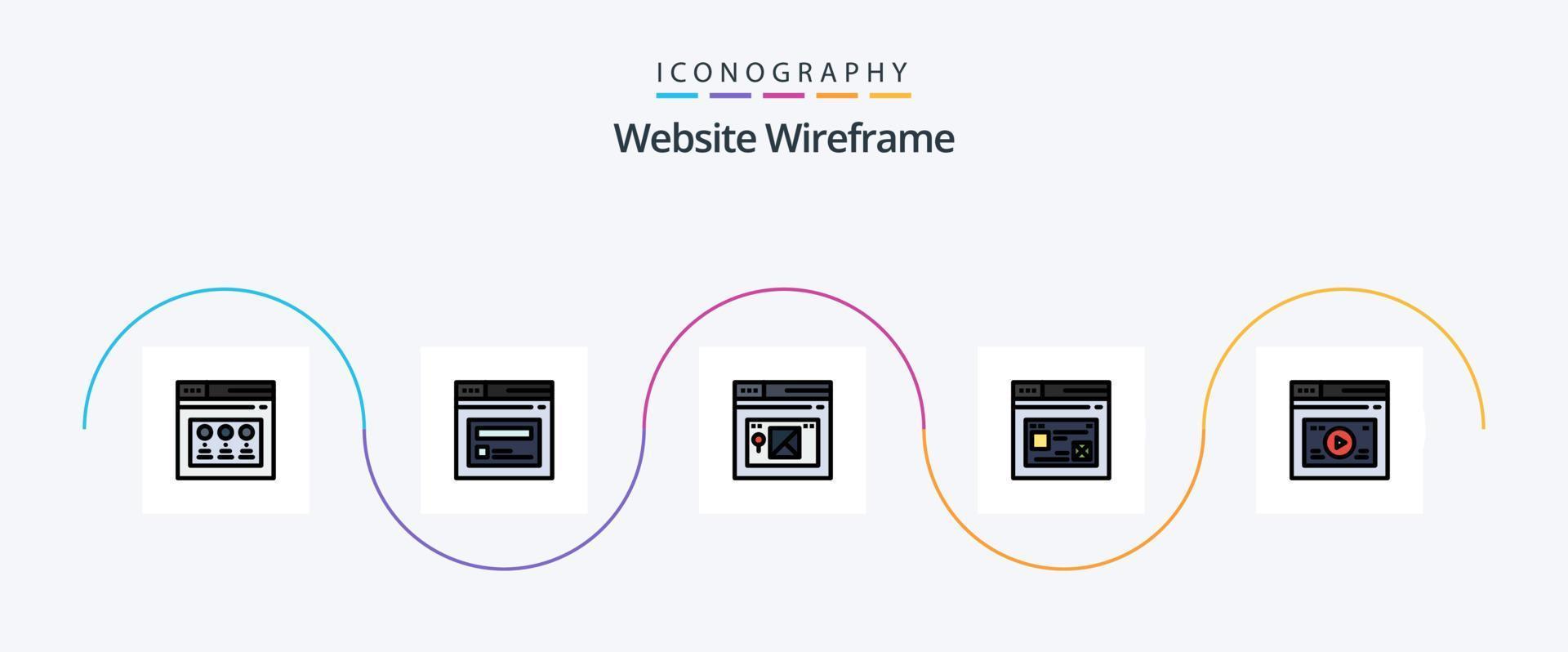 la línea de estructura alámbrica del sitio web llenó el paquete de iconos planos 5 que incluye . diseño. sitio web vector