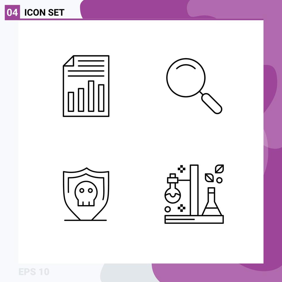 4 Universal Line Signs Symbols of document shield report magnifier secure Editable Vector Design Elements
