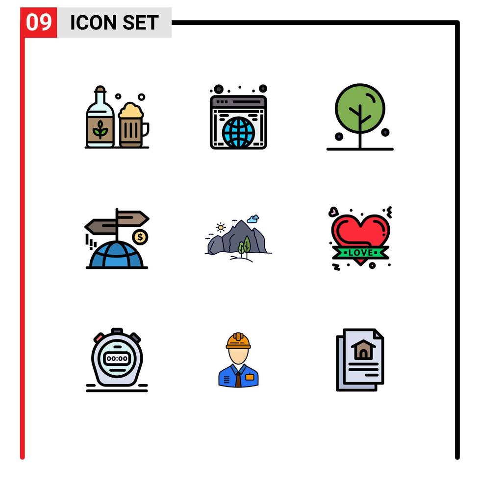 conjunto de 9 iconos de interfaz de usuario modernos símbolos signos para marketing de paisajes publicidad de finanzas en flor elementos de diseño de vectores editables