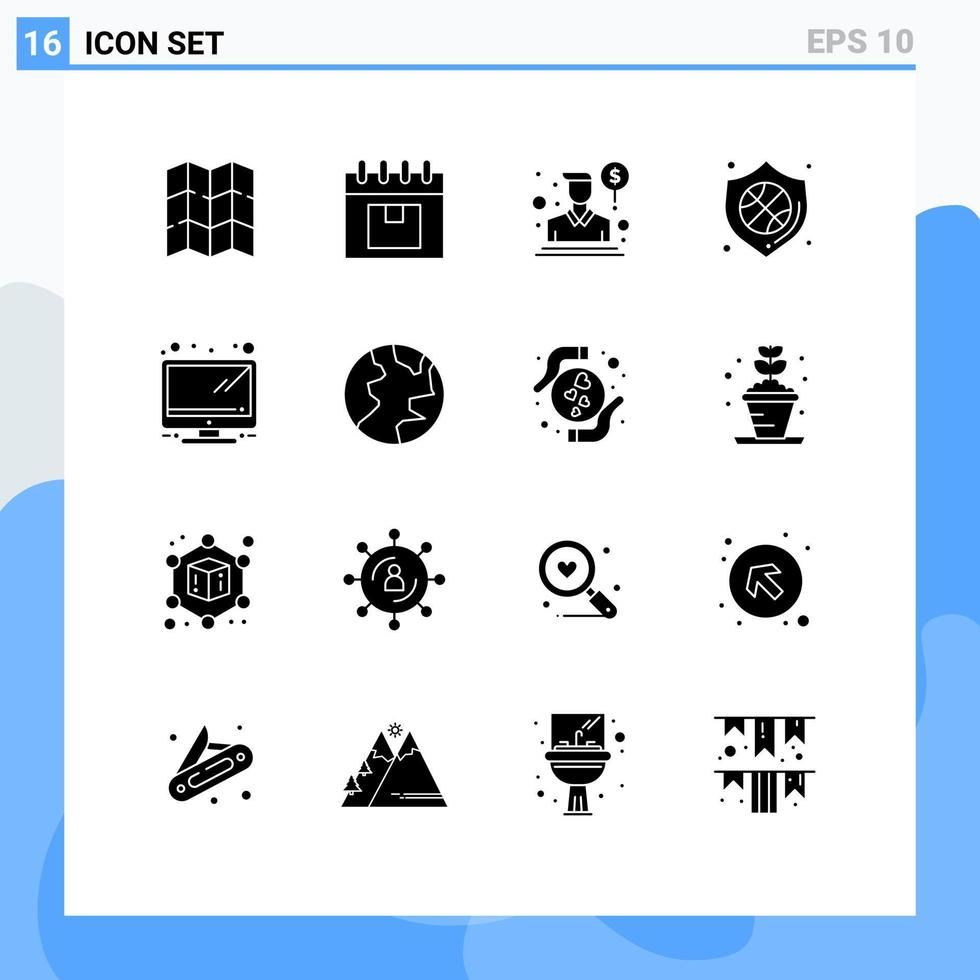 Group of 16 Modern Solid Glyphs Set for monitor badge agent shield protection Editable Vector Design Elements