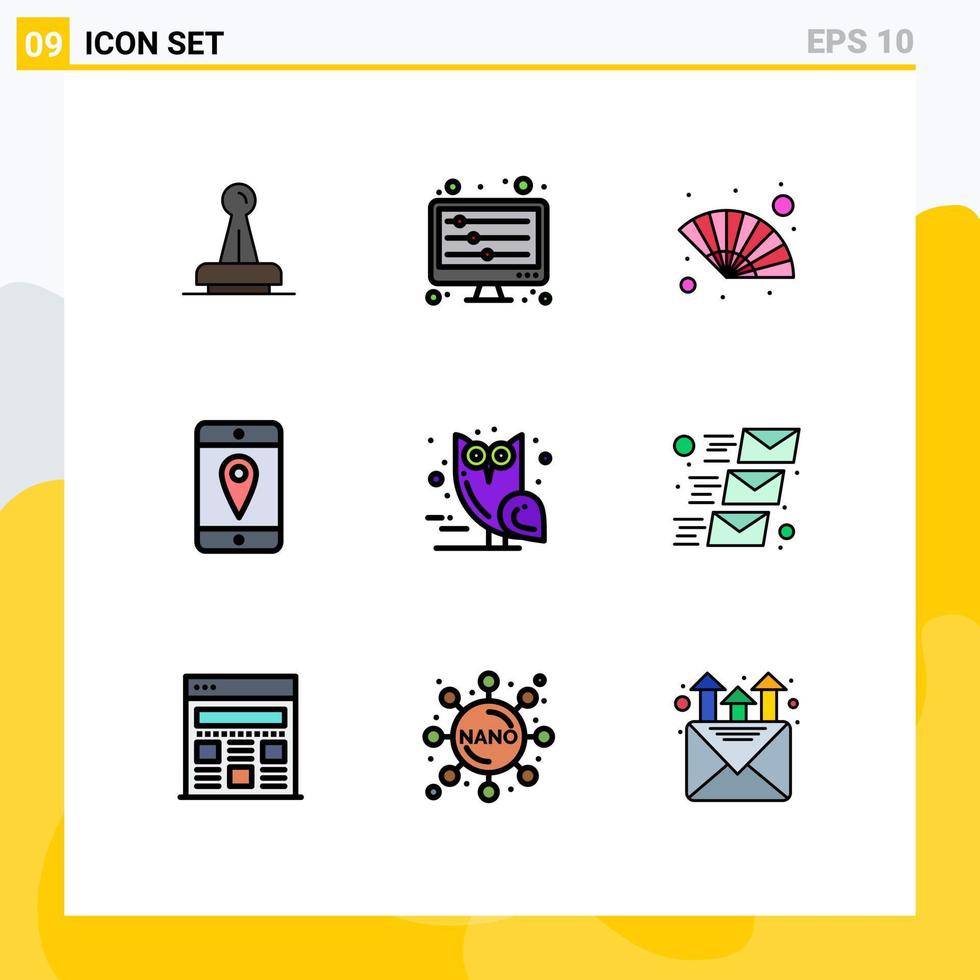Pack of 9 Modern Filledline Flat Colors Signs and Symbols for Web Print Media such as cell mobile mixer wind hand fan Editable Vector Design Elements