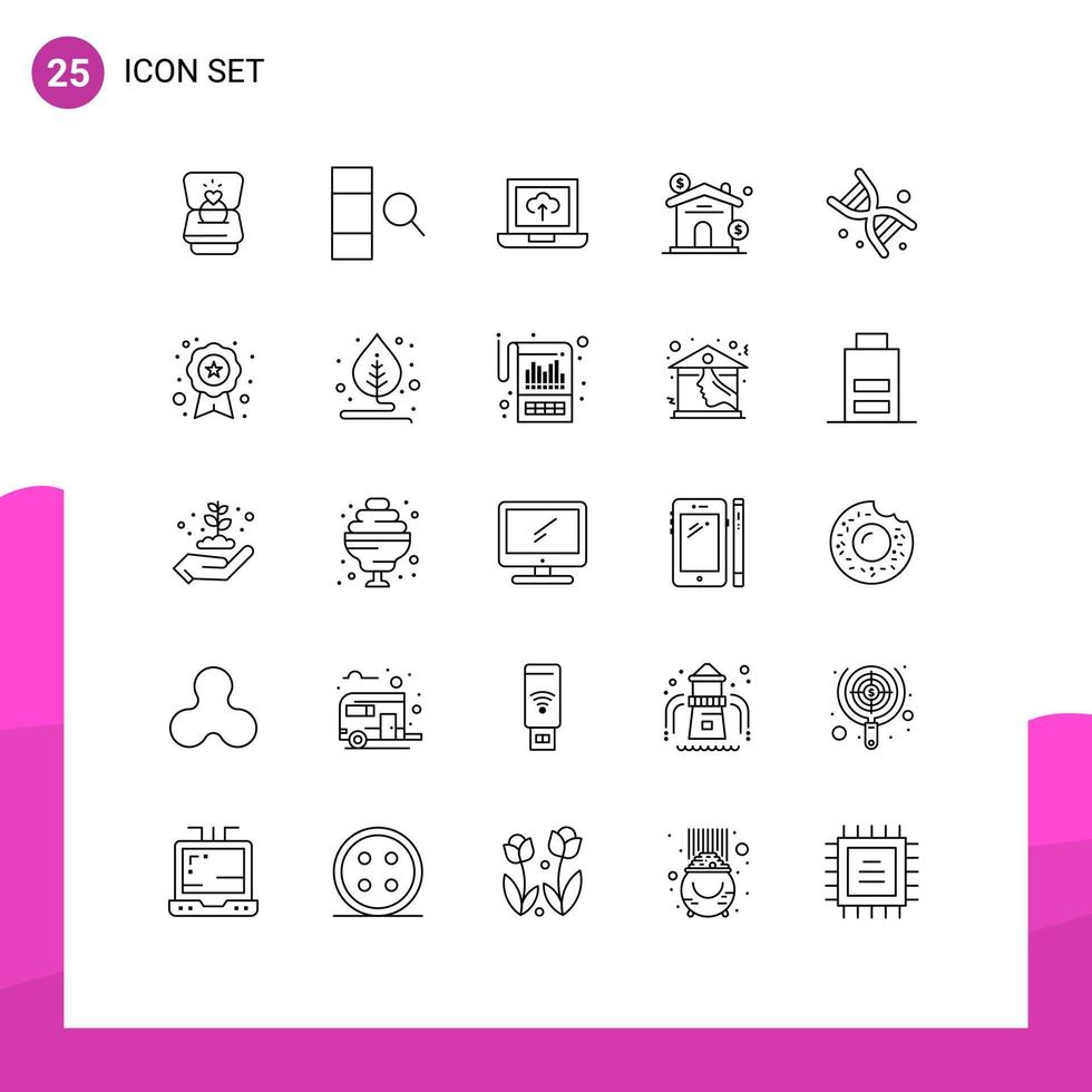 Mobile Interface Line Set of 25 Pictograms of technology dna upload bio investment Editable Vector Design Elements