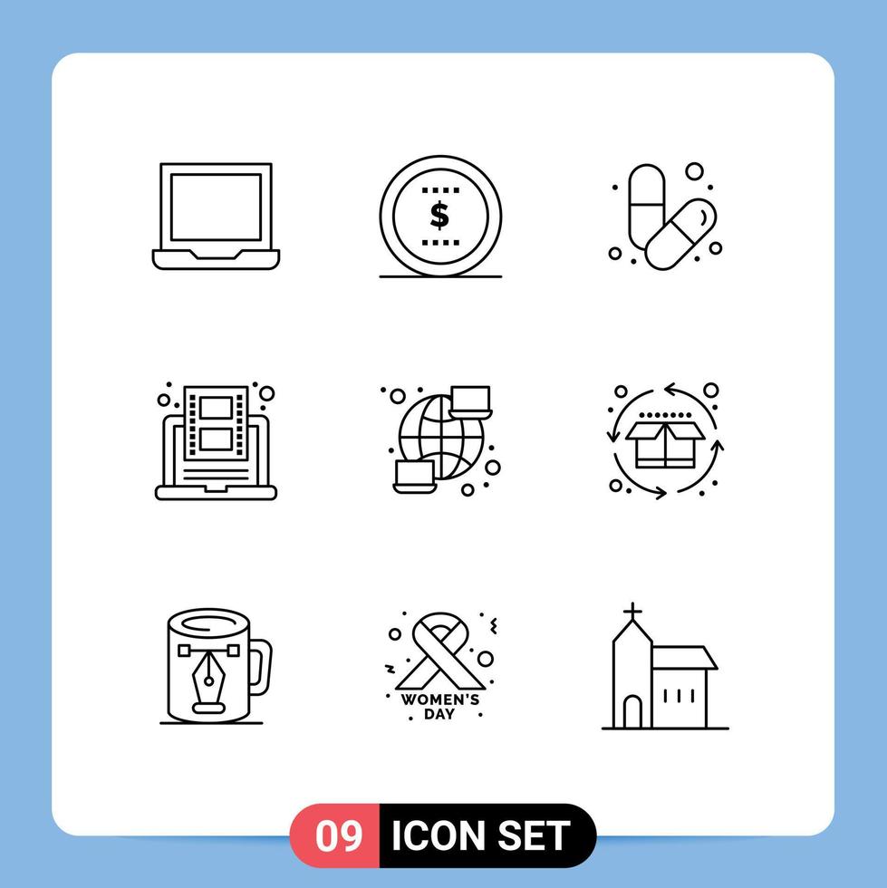 Mobile Interface Outline Set of 9 Pictograms of video learning office education muscle Editable Vector Design Elements