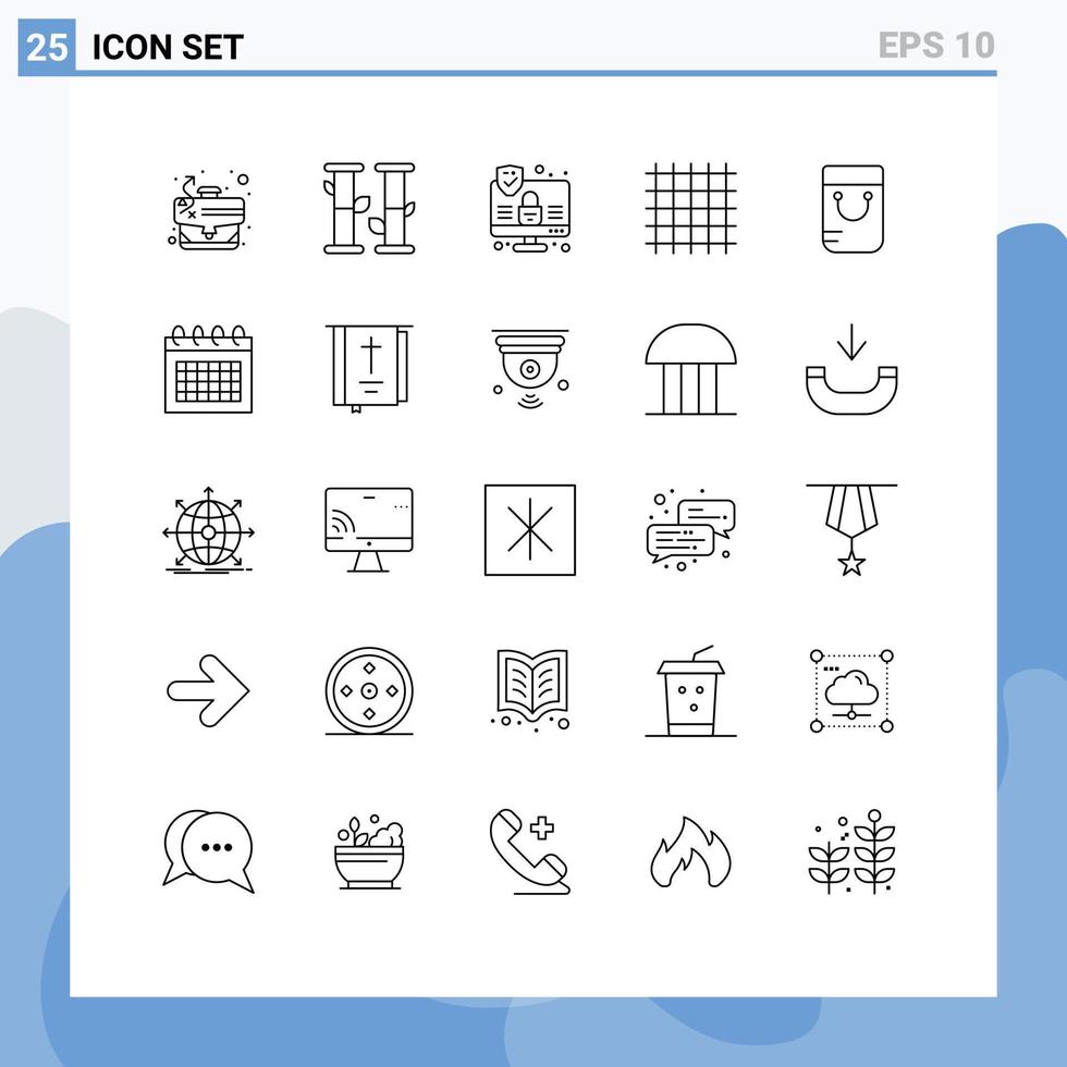 25 Thematic Vector Lines and Editable Symbols of calendar handbag internet bag line Editable Vector Design Elements