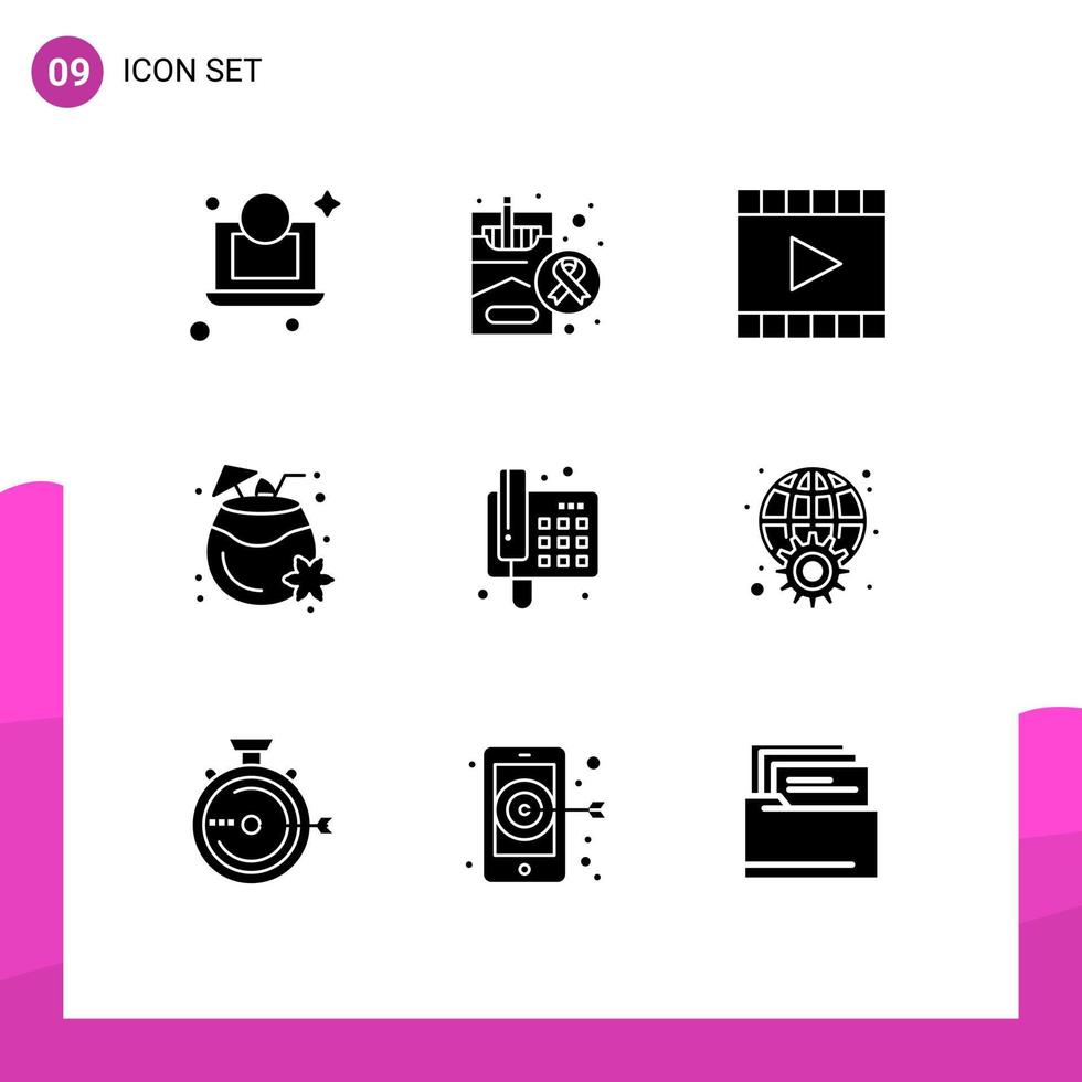 9 Solid Glyph concept for Websites Mobile and Apps phone summer media player drink coconut Editable Vector Design Elements