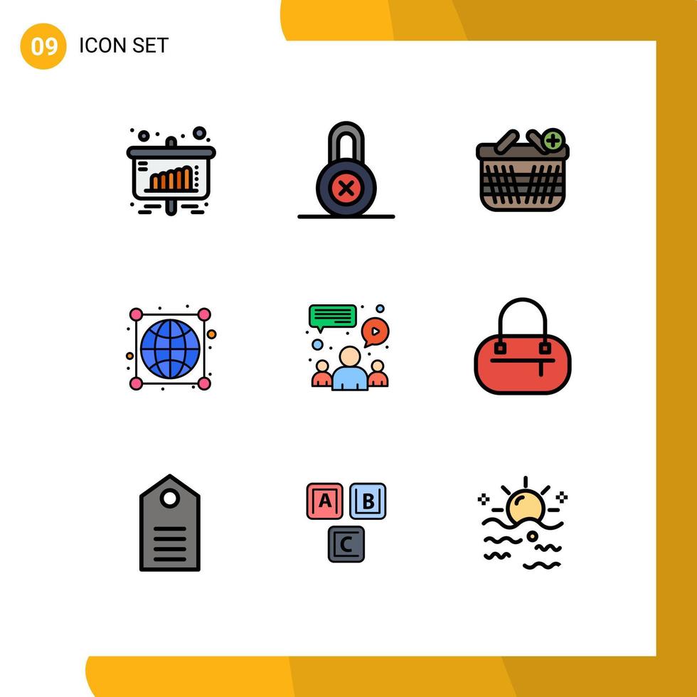 Pack of 9 creative Filledline Flat Colors of meeting chat ecommerce connections globe Editable Vector Design Elements