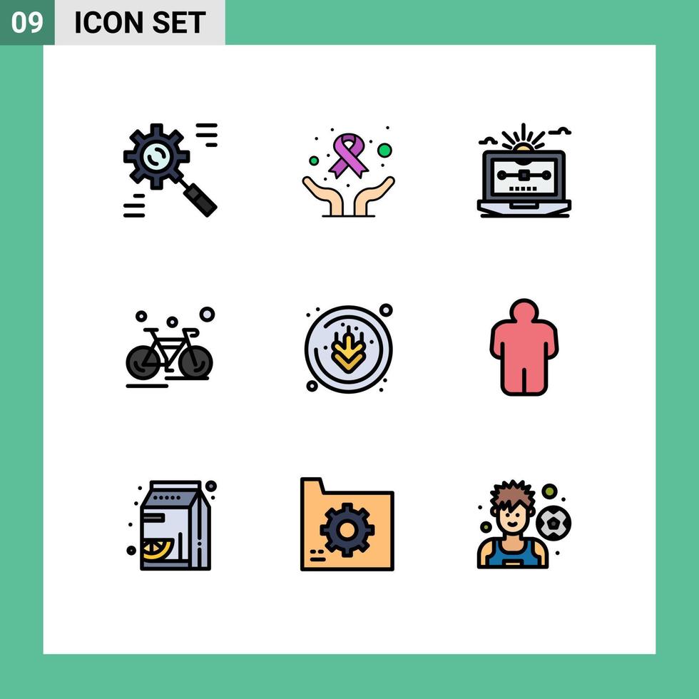 9 Universal Filledline Flat Color Signs Symbols of sport cycle world day bicycle computer Editable Vector Design Elements