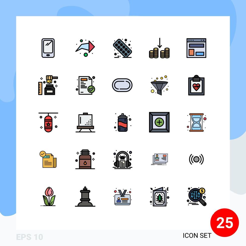 Concepto de color plano de 25 líneas completas para sitios web, móviles y aplicaciones, diseño web, diseño de blog, atención médica, dinero en efectivo, elementos de diseño vectorial editables vector
