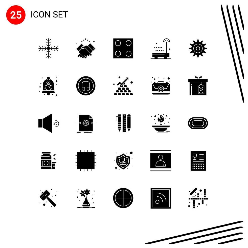 Pack of 25 Modern Solid Glyphs Signs and Symbols for Web Print Media such as setting technology wishes sound devices Editable Vector Design Elements