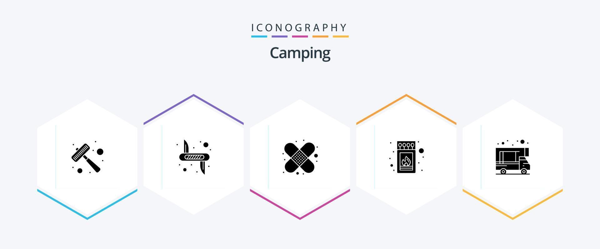 Camping 25 Glyph icon pack including caravan. stick. safety. match. box vector