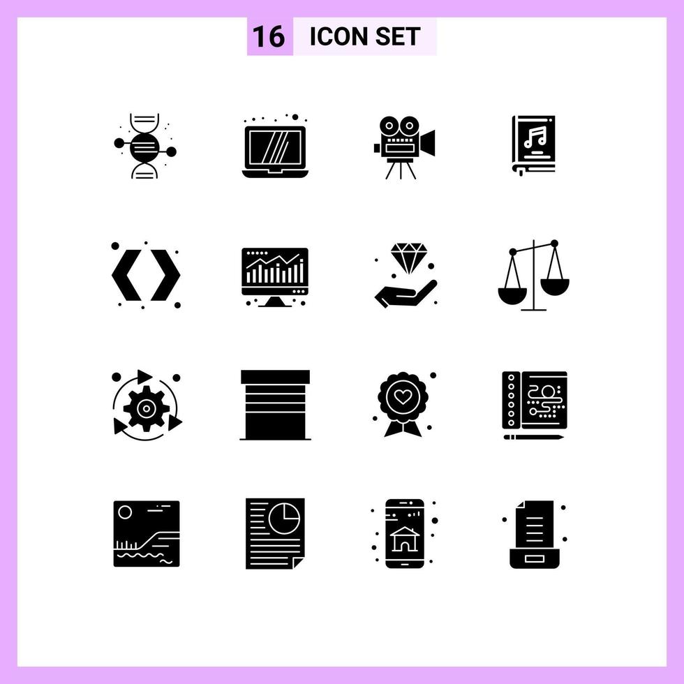 Pictogram Set of 16 Simple Solid Glyphs of switch video movi music book Editable Vector Design Elements