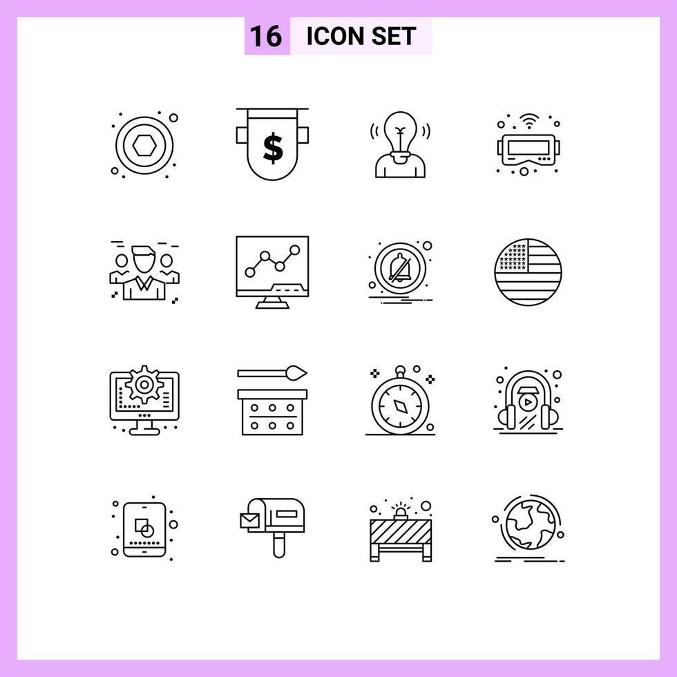 Modern Set of 16 Outlines Pictograph of friends vr bulb goggles light Editable Vector Design Elements