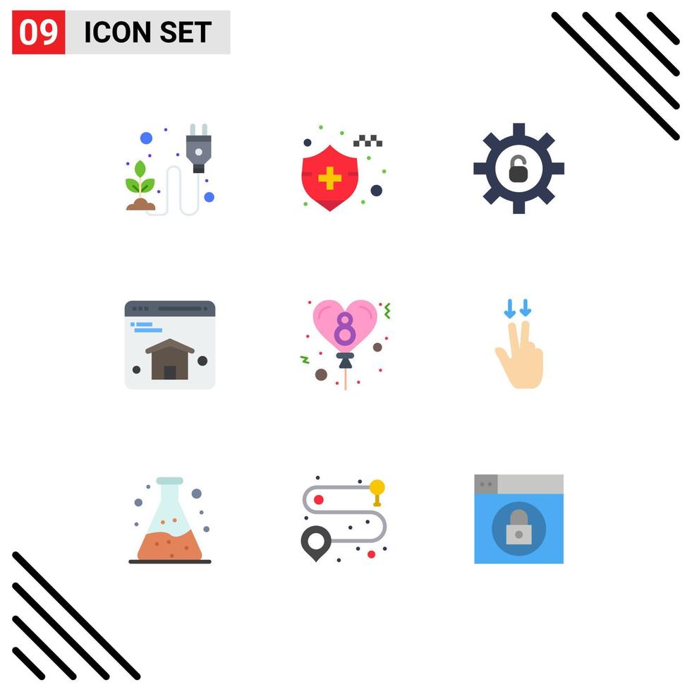 User Interface Pack of 9 Basic Flat Colors of fingers celebration protection balloon homepage Editable Vector Design Elements