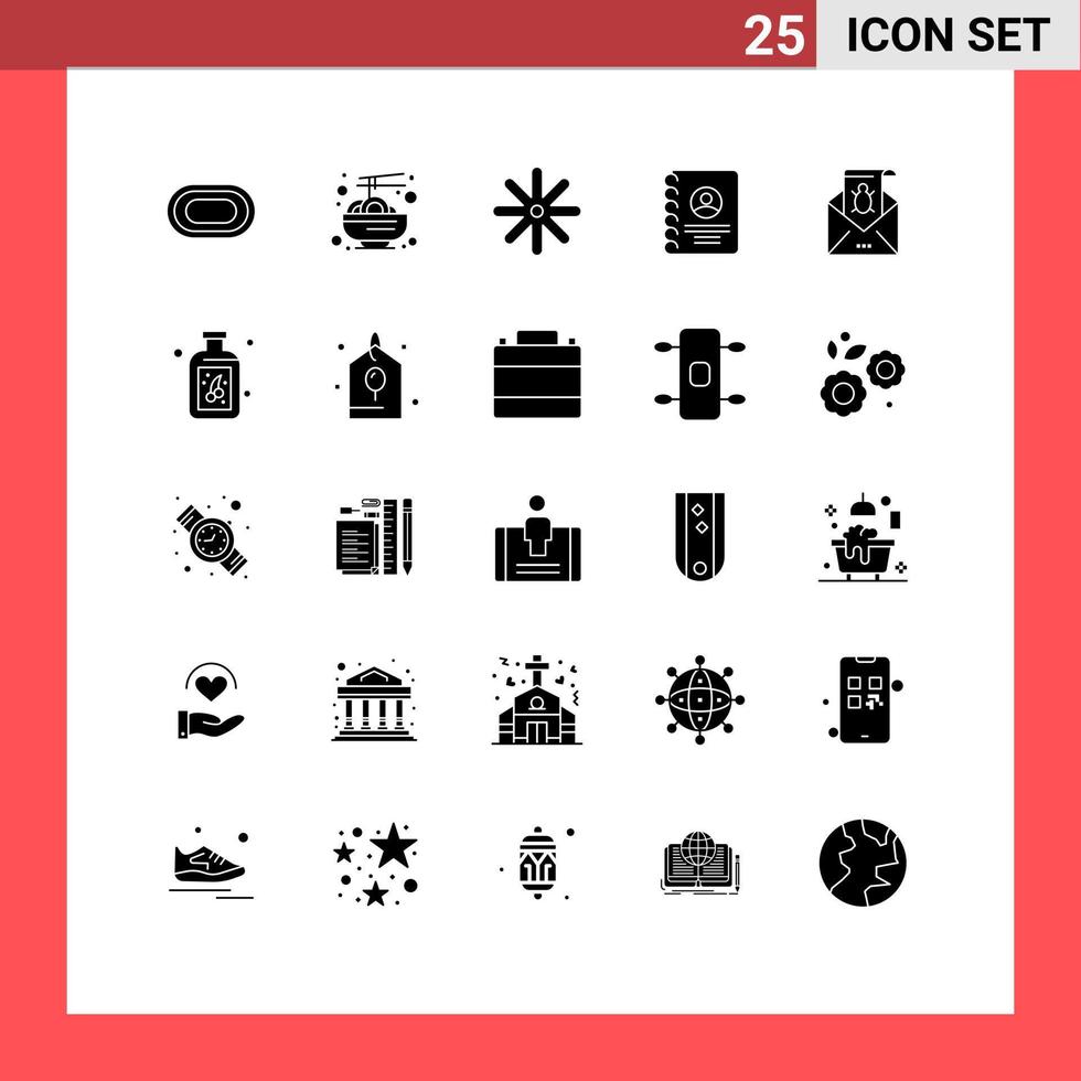 Set of 25 Modern UI Icons Symbols Signs for mail bug flower phone book Editable Vector Design Elements