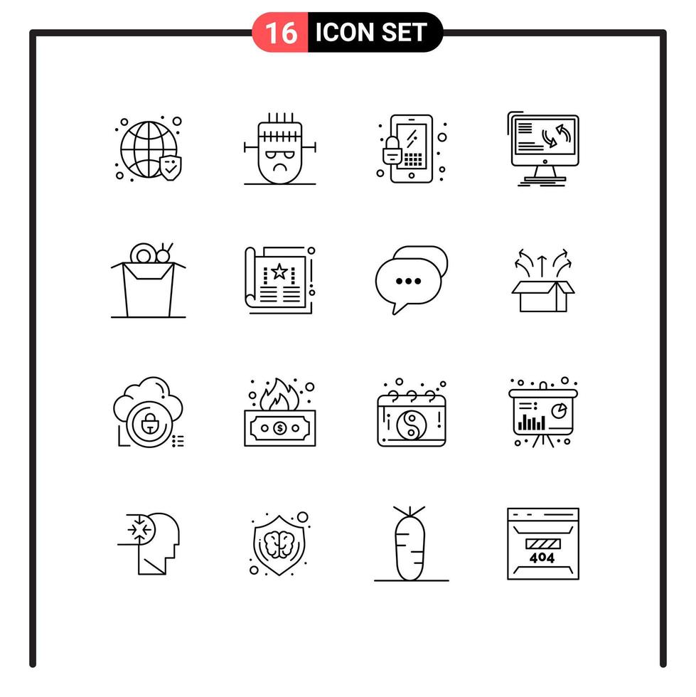 Set of 16 Modern UI Icons Symbols Signs for food computer lock data sync Editable Vector Design Elements