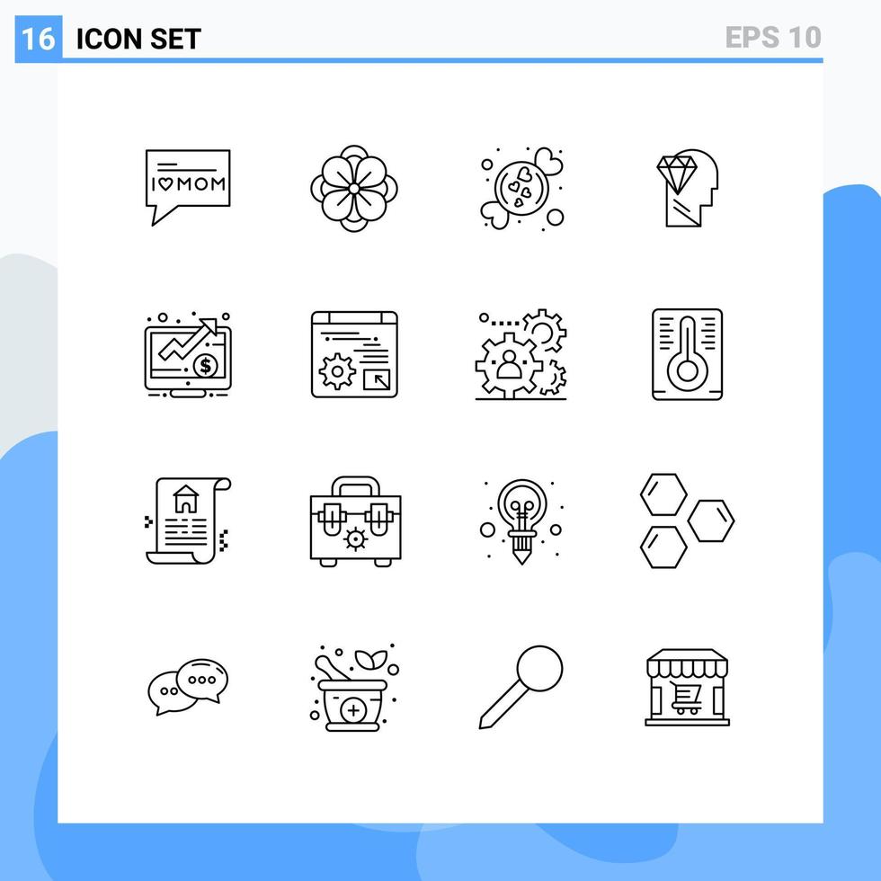 16 User Interface Outline Pack of modern Signs and Symbols of up dollar love head perfection Editable Vector Design Elements
