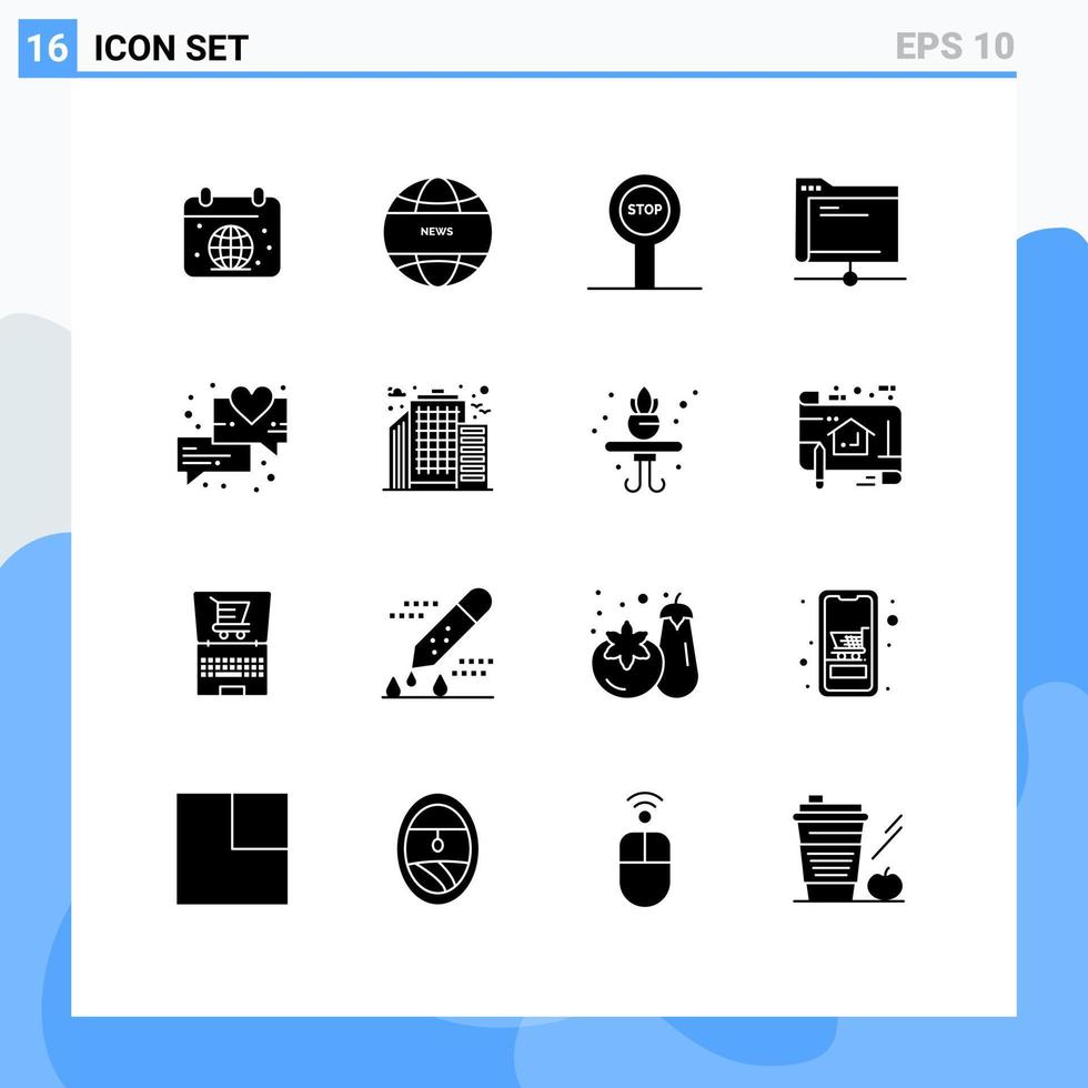 Set of 16 Vector Solid Glyphs on Grid for love server board remote database Editable Vector Design Elements