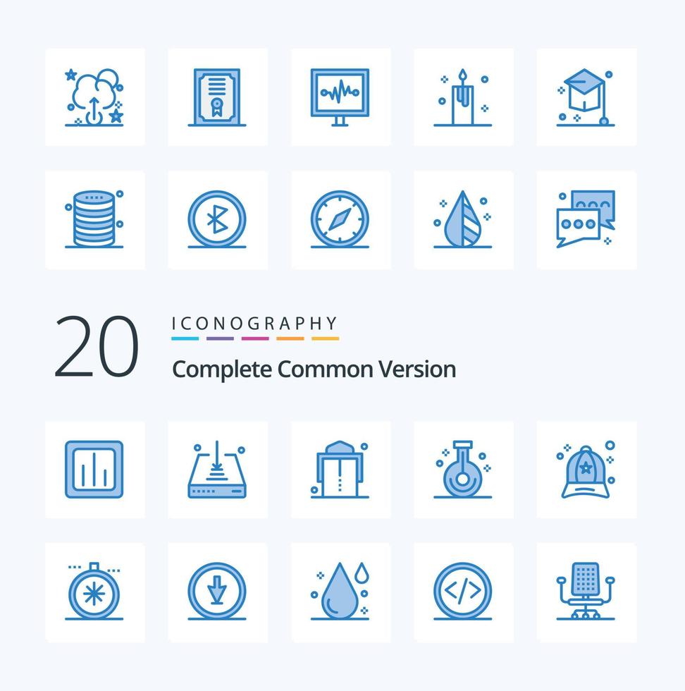 20 Complete Common Version Blue Color icon Pack like accessories research save laboratory beaker vector