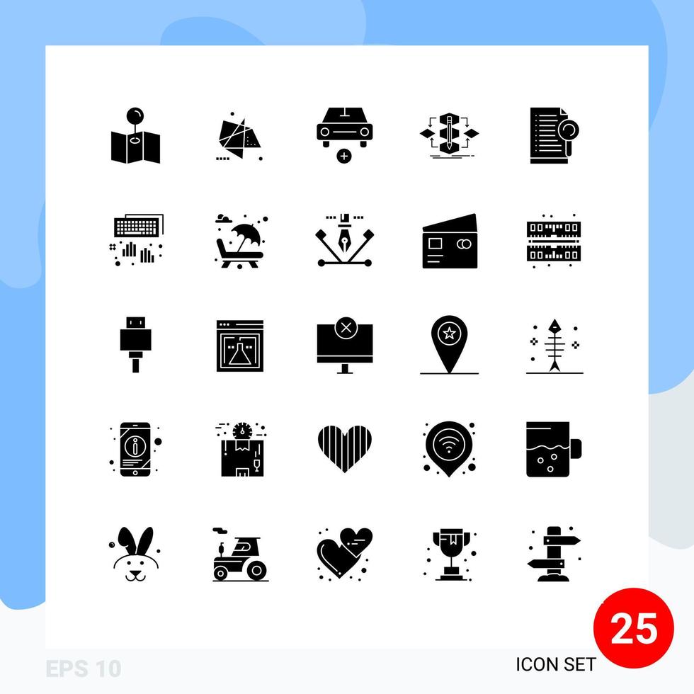 Mobile Interface Solid Glyph Set of 25 Pictograms of document model car method algorithm Editable Vector Design Elements