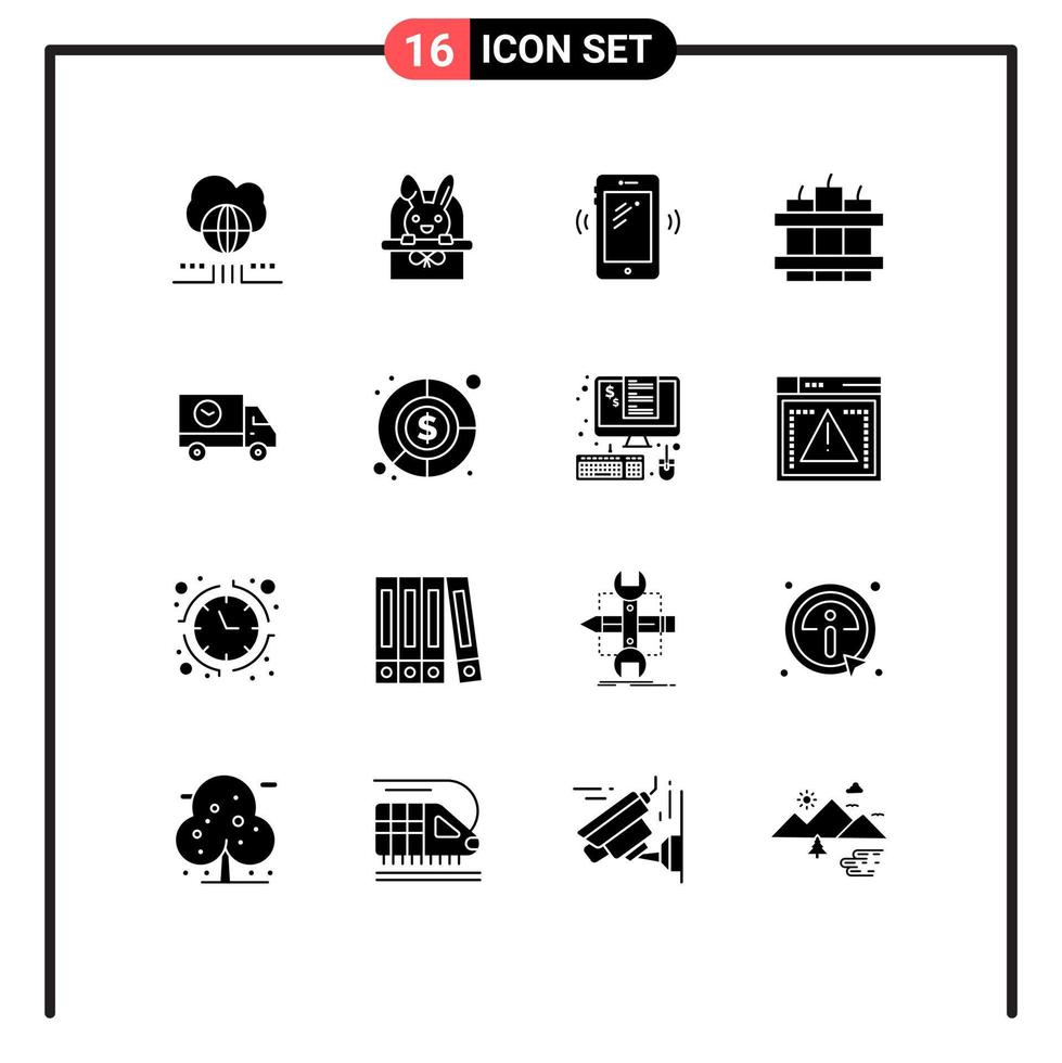 Editable Vector Line Pack of 16 Simple Solid Glyphs of ecommerce timer phone dynamite signals Editable Vector Design Elements