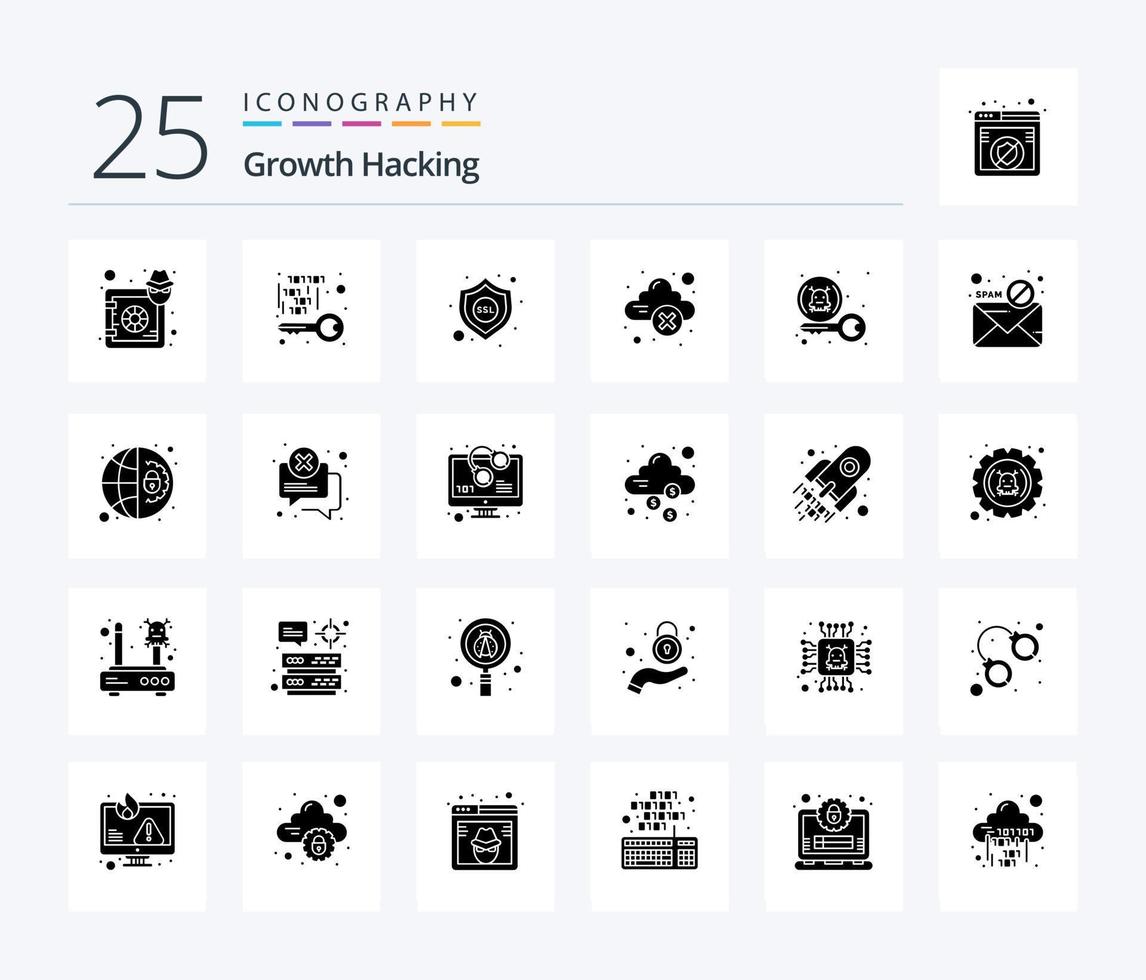 Hacking 25 Solid Glyph icon pack including virus. error. private. cloud storage. ssl vector