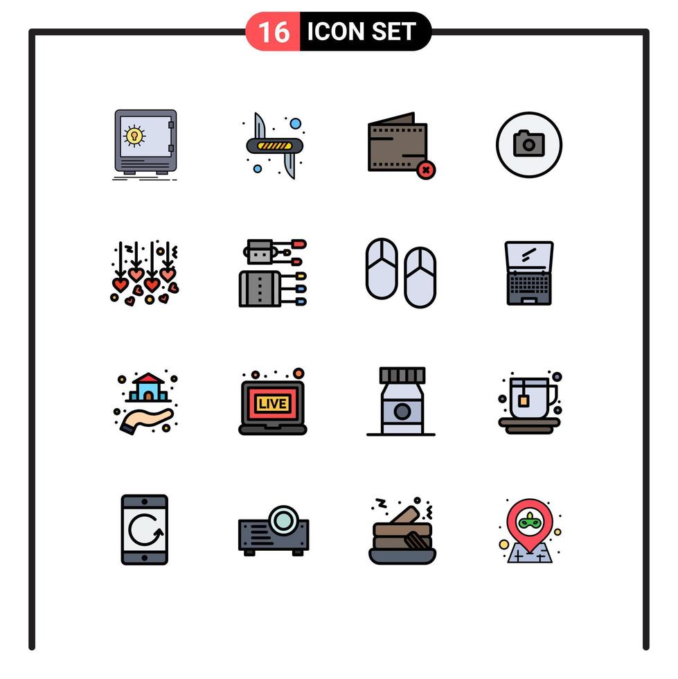 16 Universal Flat Color Filled Lines Set for Web and Mobile Applications basic camera army no e Editable Creative Vector Design Elements