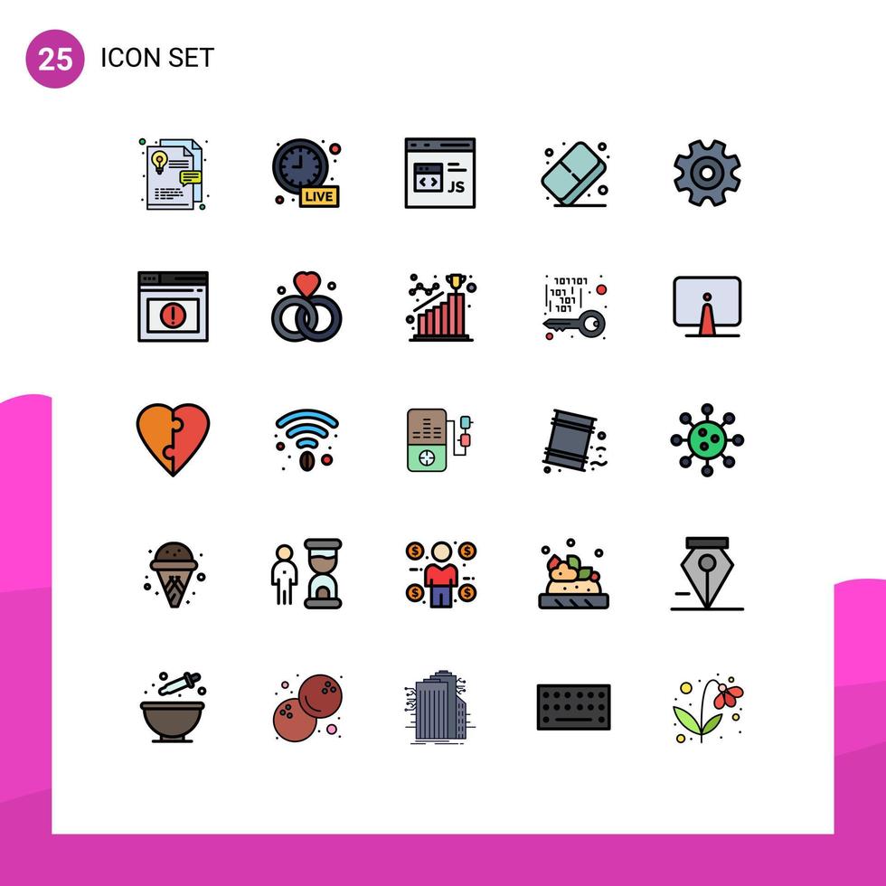 Conjunto de 25 colores planos de línea rellena universal para aplicaciones web y móviles, codificación de pintura de engranajes, borrador de color, elementos de diseño vectorial editables vector