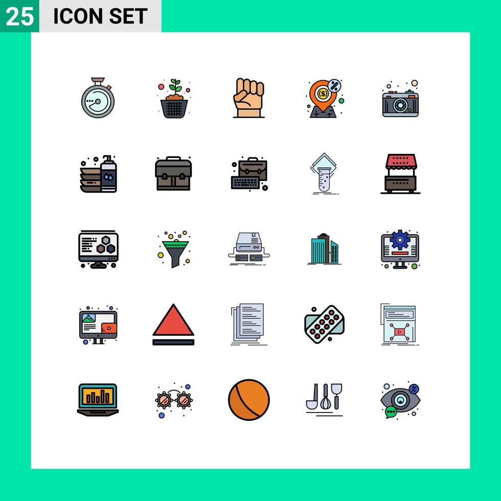 Group of 25 Filled line Flat Colors Signs and Symbols for payment finance soil dollar power Editable Vector Design Elements