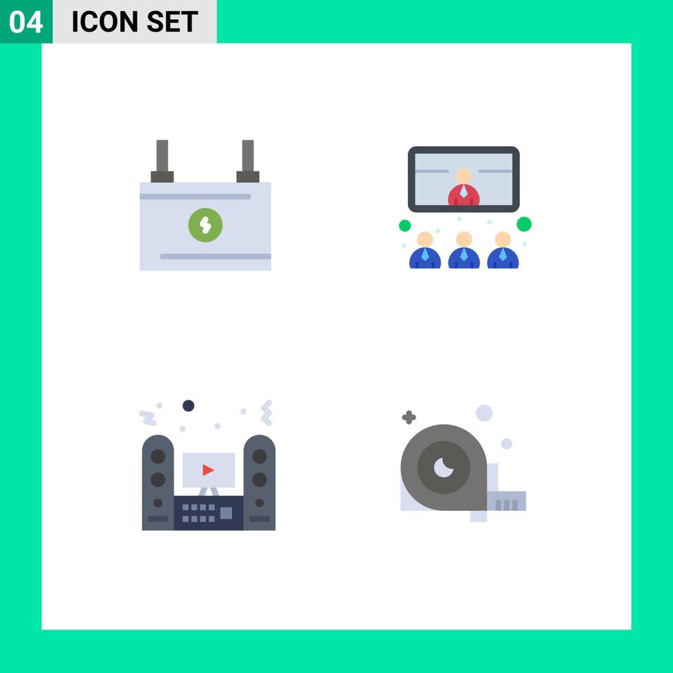 4 User Interface Flat Icon Pack of modern Signs and Symbols of accumulator multimedia power meeting speaker Editable Vector Design Elements