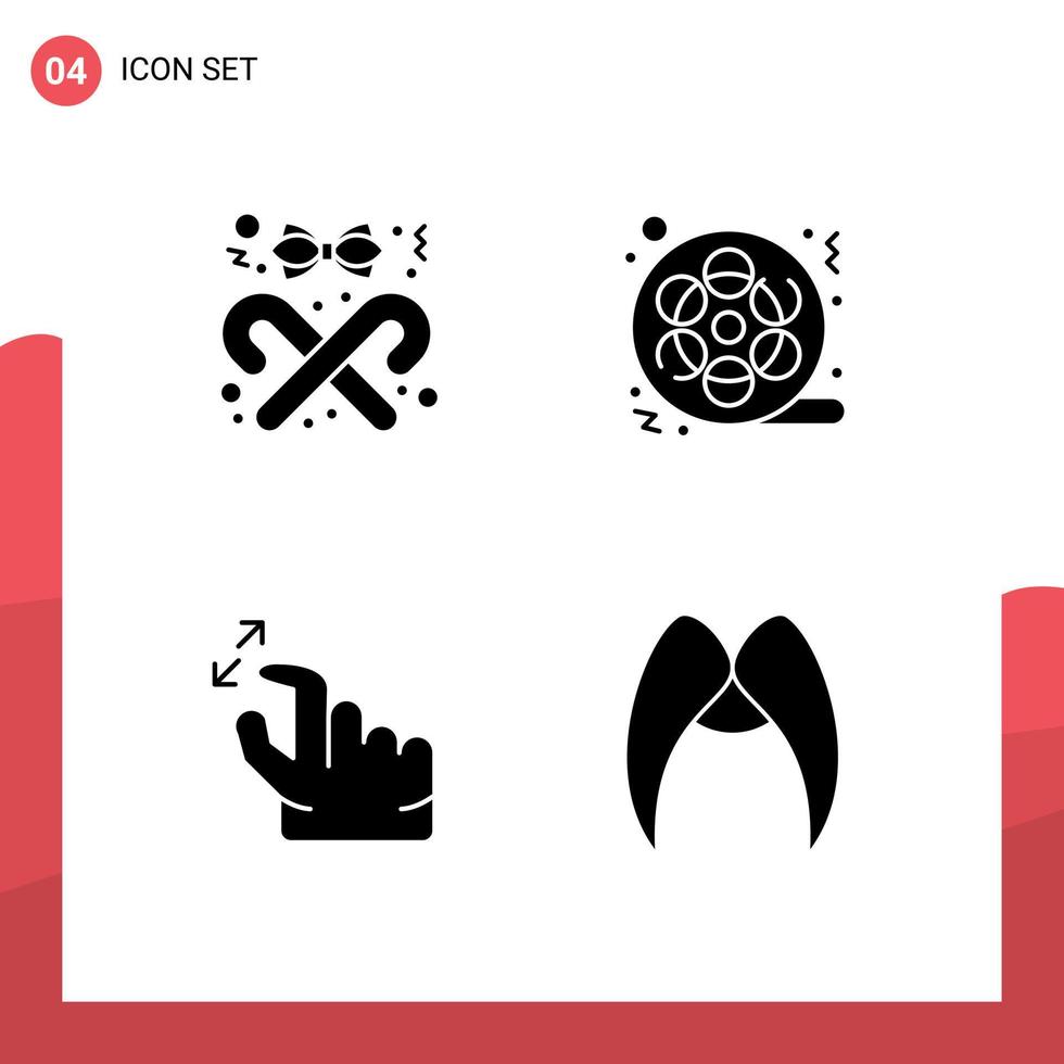 Pictogram Set of 4 Simple Solid Glyphs of ribbon multimedia christmas movie hand Editable Vector Design Elements