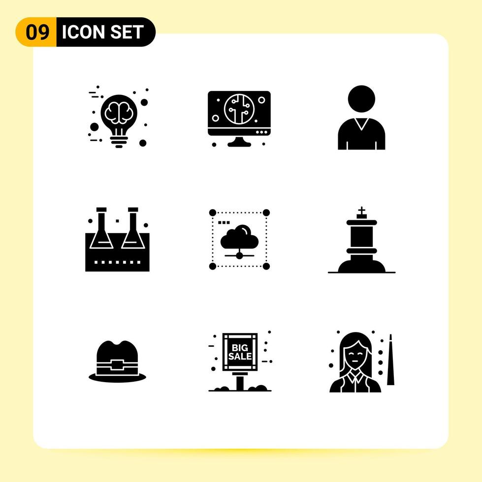 9 Universal Solid Glyph Signs Symbols of secure share resources cloud lab glassware Editable Vector Design Elements