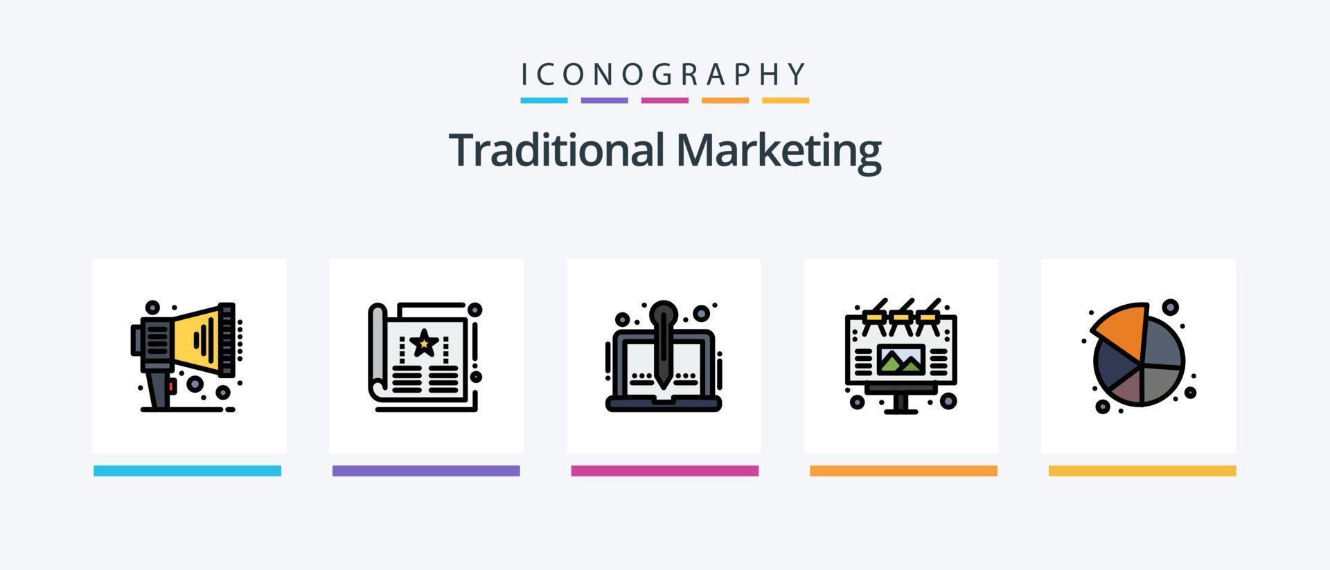 la línea de marketing tradicional llenó el paquete de 5 iconos, incluido el mercado. demanda. caso. negocio. por ciento. diseño de iconos creativos vector