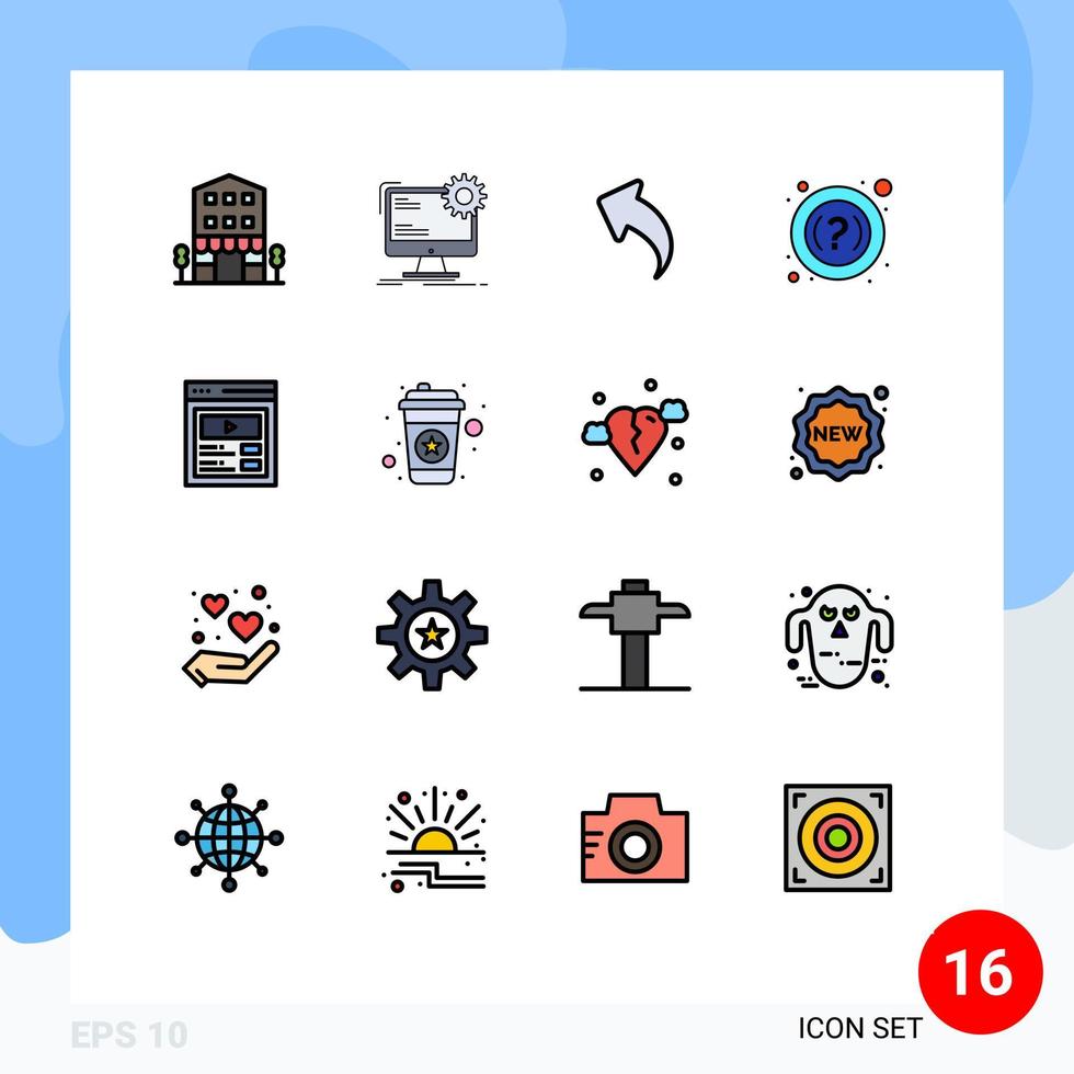 Group of 16 Flat Color Filled Lines Signs and Symbols for video support site help back Editable Creative Vector Design Elements