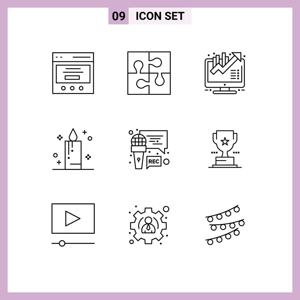 Editable Vector Line Pack of 9 Simple Outlines of microphone holiday teamwork celebration growth Editable Vector Design Elements