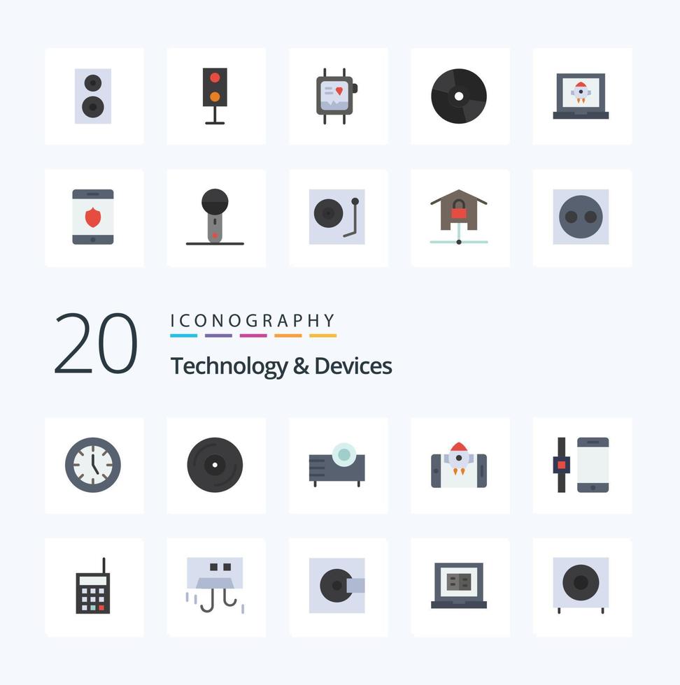 paquete de iconos de color plano de 20 dispositivos como productos monitor de dispositivos de altavoz de disco vector