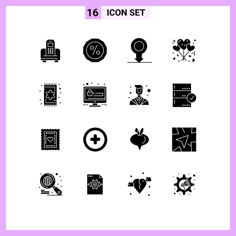 Universal Icon Symbols Group of 16 Modern Solid Glyphs of rug furniture male carpet love Editable Vector Design Elements
