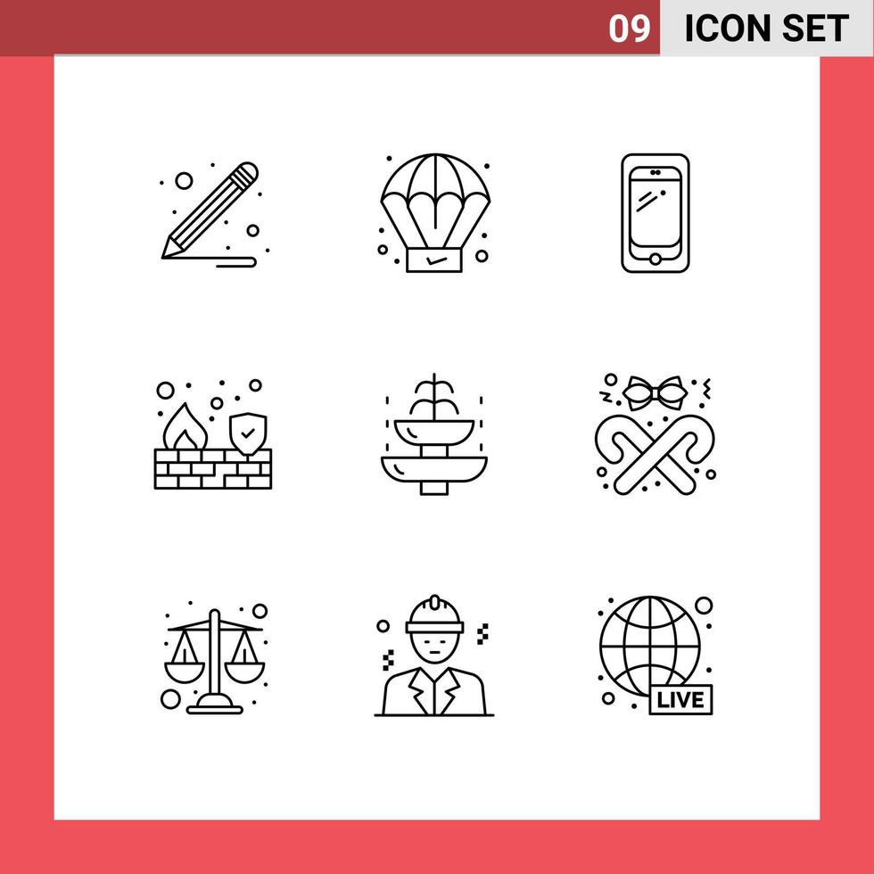 Modern Set of 9 Outlines Pictograph of tourism holiday huawei fountain security Editable Vector Design Elements