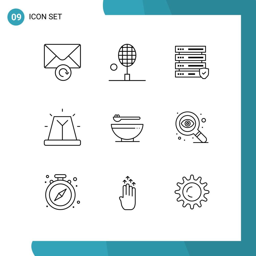 9 Universal Outlines Set for Web and Mobile Applications kitchen bowl data siren bell Editable Vector Design Elements