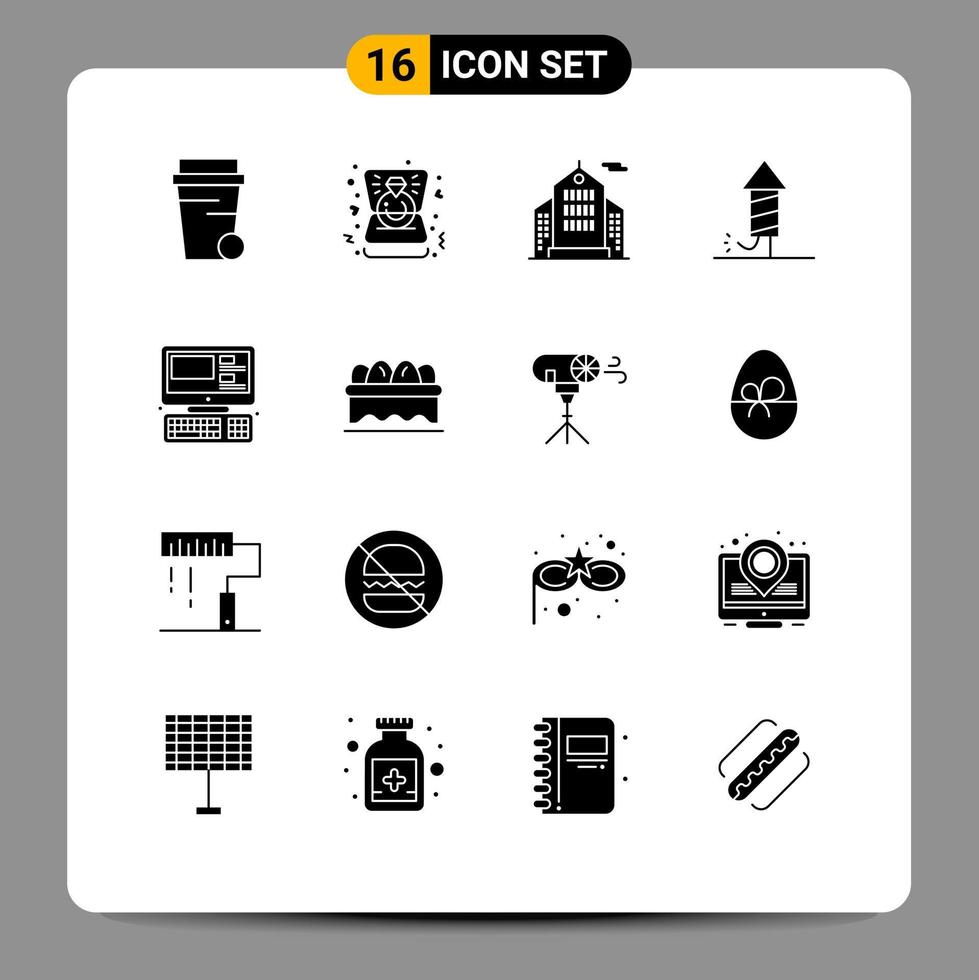 Pack of 16 Modern Solid Glyphs Signs and Symbols for Web Print Media such as education monitor business computer fireworks Editable Vector Design Elements