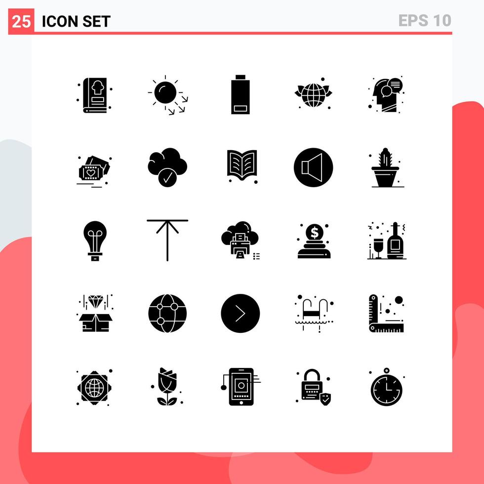 25 Thematic Vector Solid Glyphs and Editable Symbols of human communication battery green globe Editable Vector Design Elements