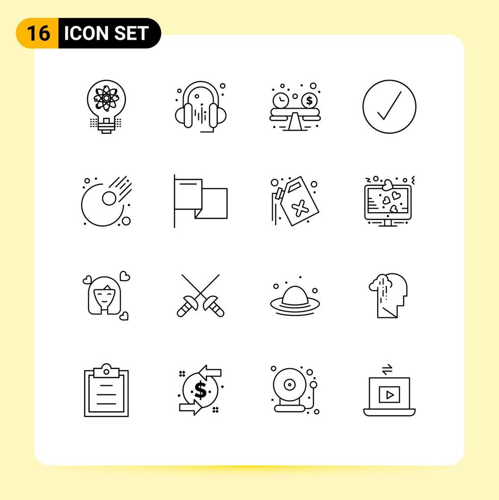 Set of 16 Modern UI Icons Symbols Signs for meteor asteroid balance ok circle Editable Vector Design Elements