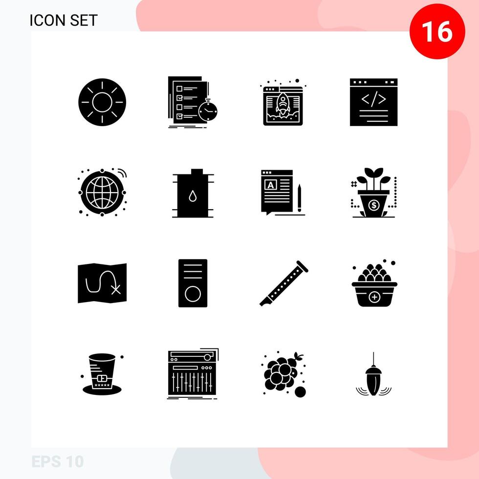 User Interface Pack of 16 Basic Solid Glyphs of html code check browser fast Editable Vector Design Elements