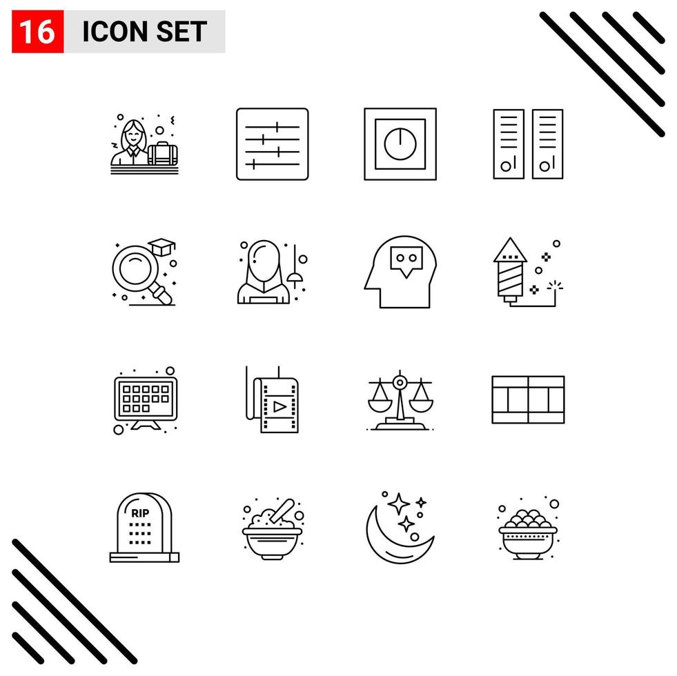 Pack of 16 Modern Outlines Signs and Symbols for Web Print Media such as education school electronics lockers room gym locker Editable Vector Design Elements
