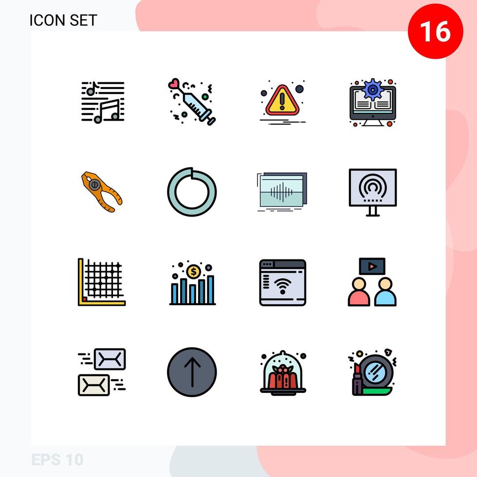 paquete de línea de vector editable de 16 líneas simples llenas de color plano de actualización monitor error de engranaje de amor elementos de diseño de vector creativo editable