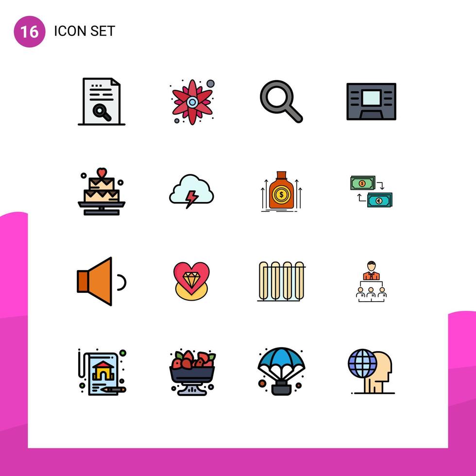 16 Universal Flat Color Filled Lines Set for Web and Mobile Applications power lover expanded heart finance Editable Creative Vector Design Elements