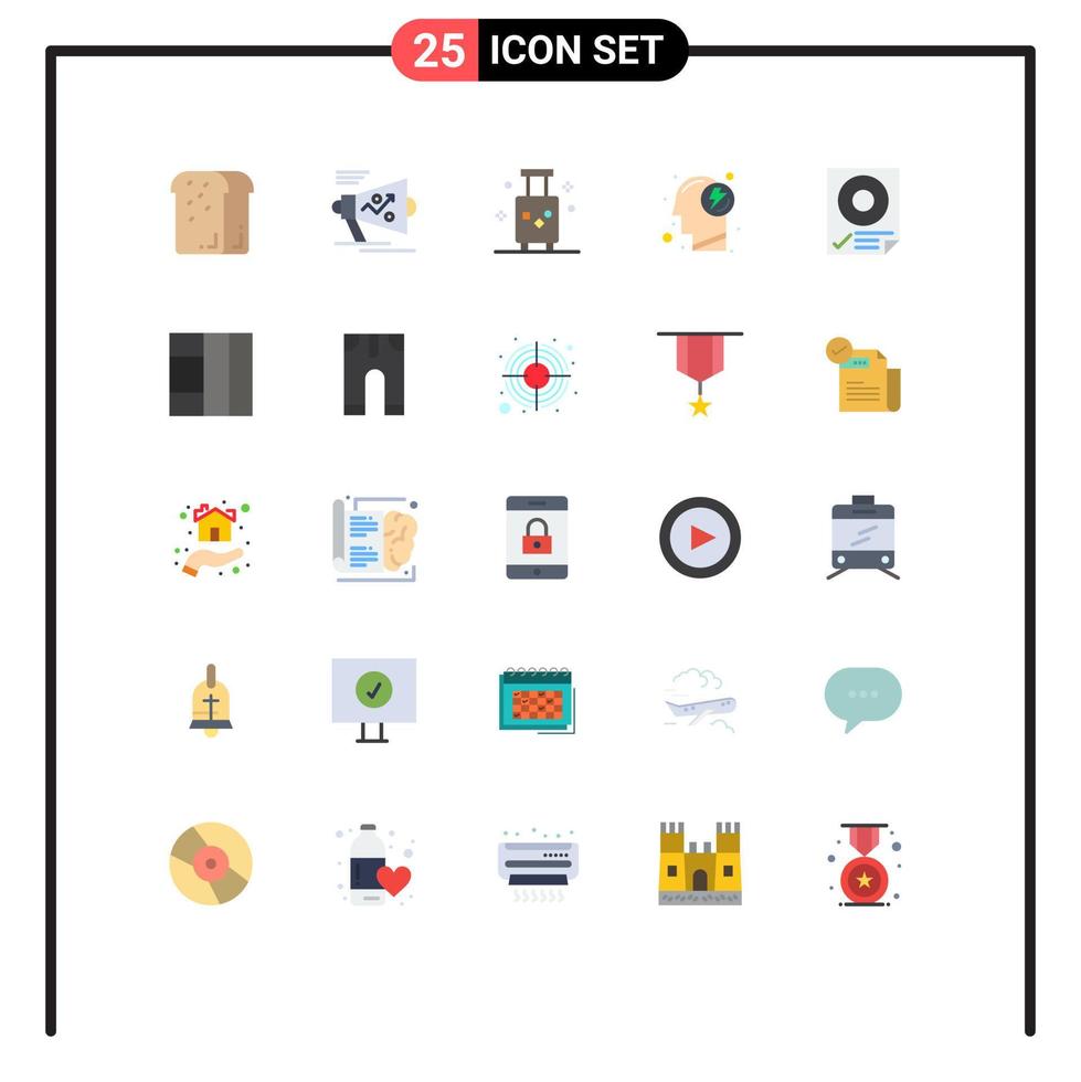 Mobile Interface Flat Color Set of 25 Pictograms of mind energy strategy travel suitcase Editable Vector Design Elements