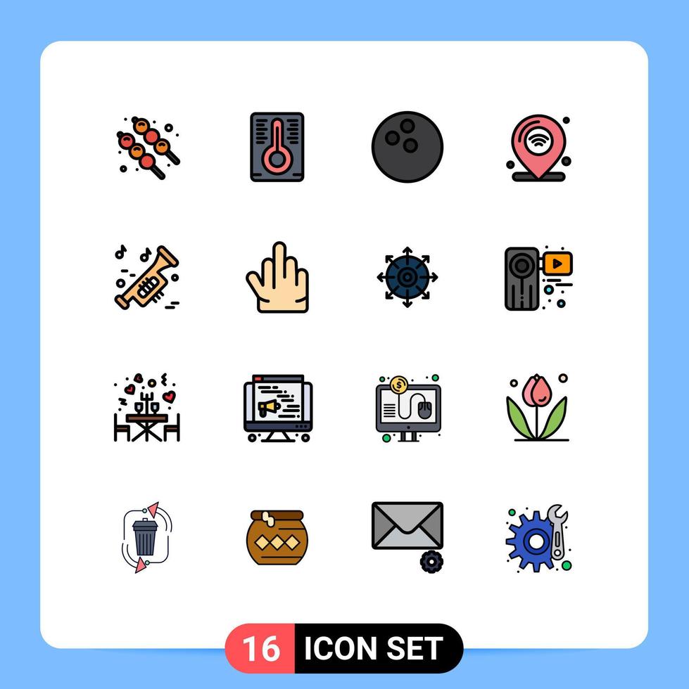 16 User Interface Flat Color Filled Line Pack of modern Signs and Symbols of fingers trumpet location music wifi Editable Creative Vector Design Elements