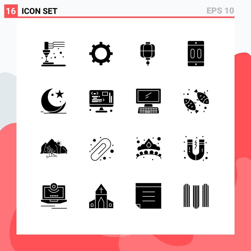 Universal Icon Symbols Group of 16 Modern Solid Glyphs of moon pause china mobile device Editable Vector Design Elements