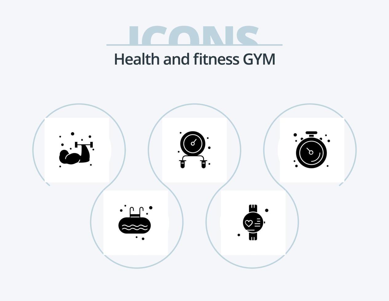 Gym Glyph Icon Pack 5 Icon Design. muscle. clock. dumbbell. jump rope. exercise vector