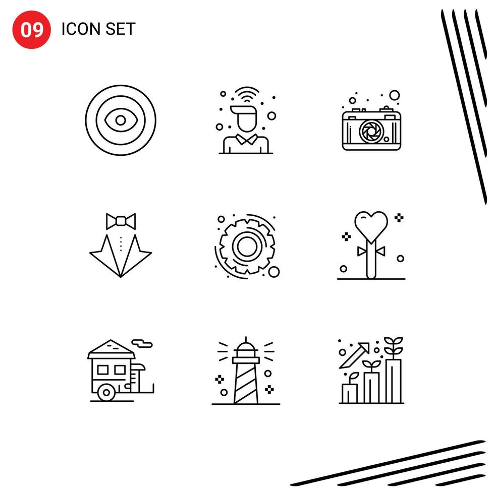 Group of 9 Modern Outlines Set for tie love wifi heart picture Editable Vector Design Elements